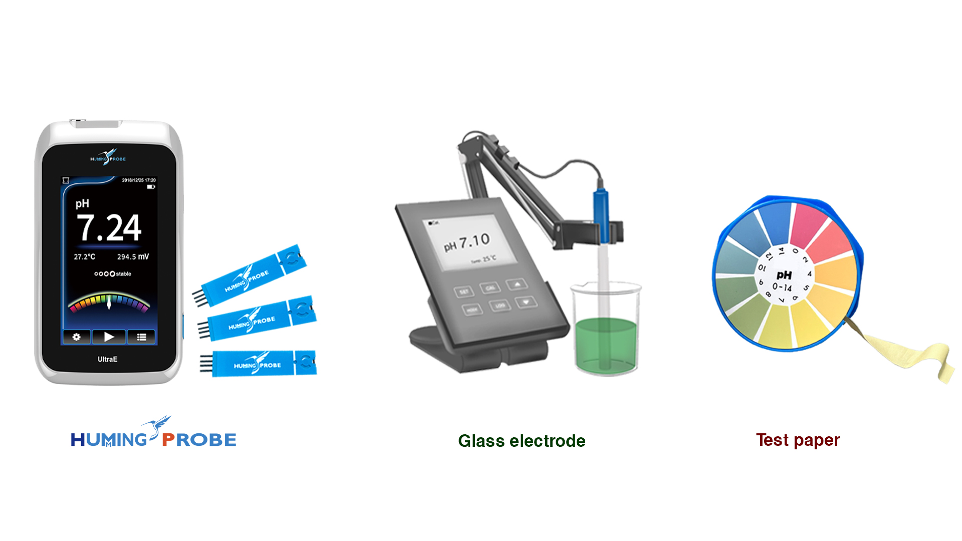 Comparison of maintenance and calibration of glass pH electrodes & calibration-free disposable pH electrodes & pH test strips/Humming Probe - UltraE